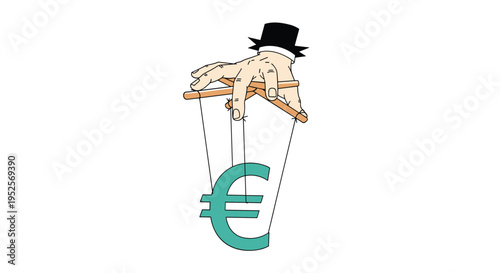 Puppet master hand controlling euro currency symbol with strings representing financial manipulation and economic power over plain background.