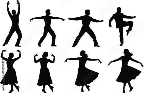 Dance silhouettes men women dancing poses elegant movement performance couple dance stylish dancer figures vector illustration set isolated