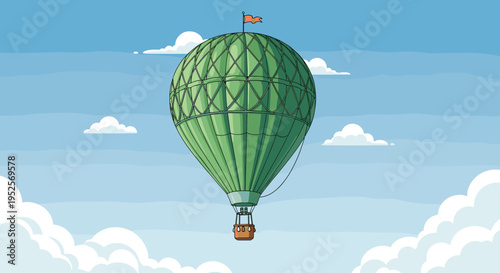 Large green hot air balloon with passenger basket floating gracefully through blue sky with fluffy white clouds and small orange flag on top.