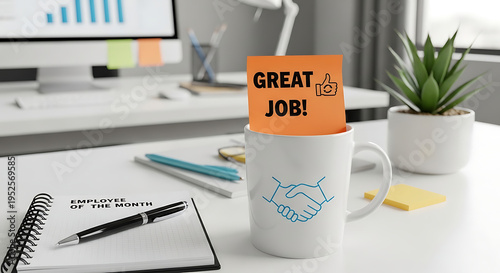 Motivating great job sticky note on coffee mug at office for employee recognition and workplace appreciation with professional corporate business background