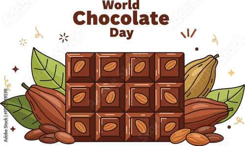 Simple vector graphic illustration celebrating world chocolate day featuring an almond bar surrounded by cocoa pods and leaves