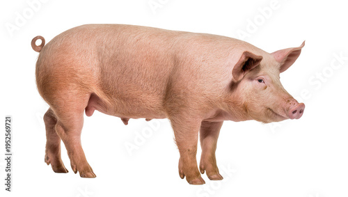 Healthy light pink domestic pig standing in profile, looking forward with a curly tail, isolated PNG, farm animal livestock for agriculture