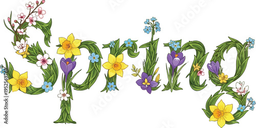 Elegant floral spring word illustration vector graphic design featuring decorative text crafted from blooming flowers and winding green leaves to welcome the season.