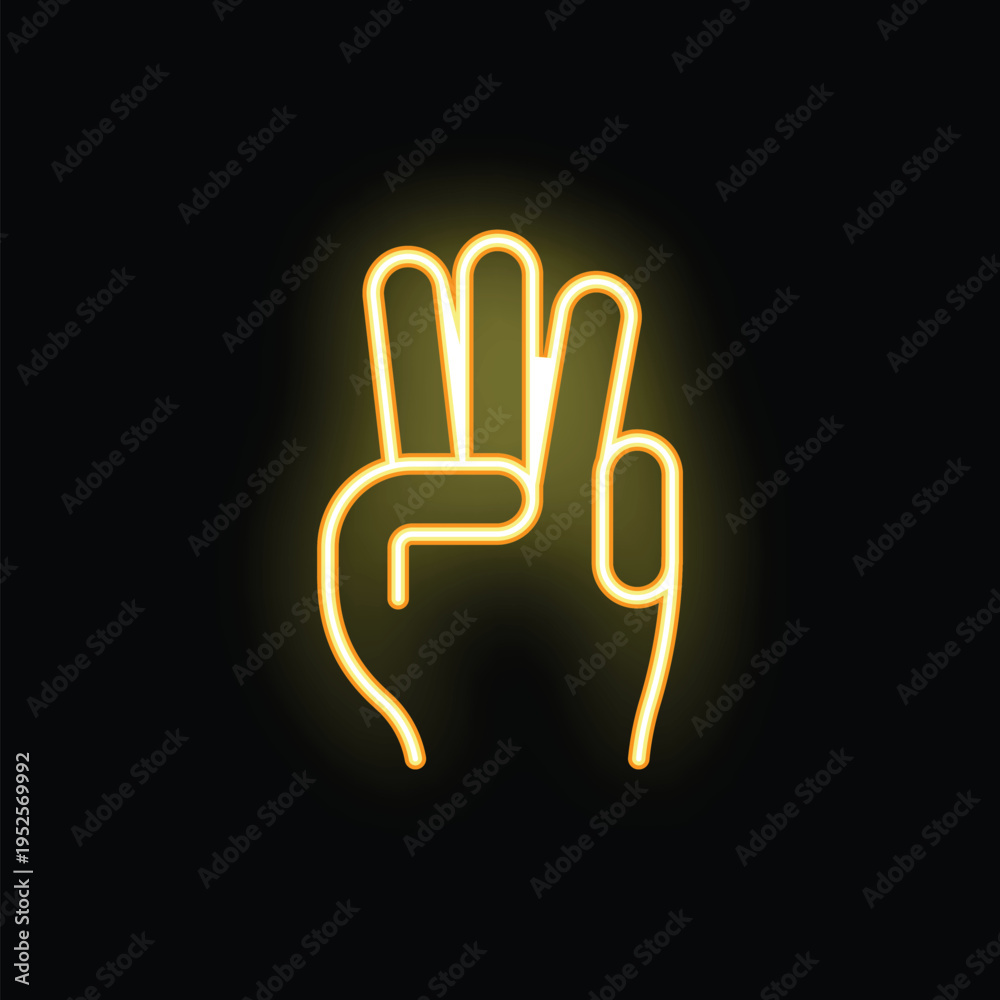 Obraz premium Bright yellow neon sign showing a hand making the number three gesture on a black background