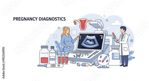 Medical pregnancy diagnostics concept showing doctor performing ultrasound scan for expectant mother with gynecological equipment and tools.