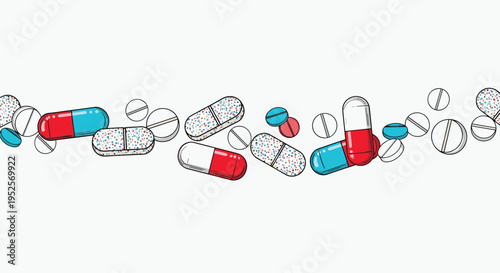 Assorted colorful medical pills and capsules scattered across white background in stylized illustration for pharmacy or healthcare industry.