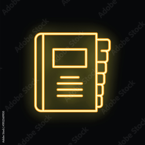 Neon glowing sign of a notebook with bookmarks illuminating a dark background
