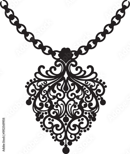 Black filigree heart pendant vector isolated on Transparent Background