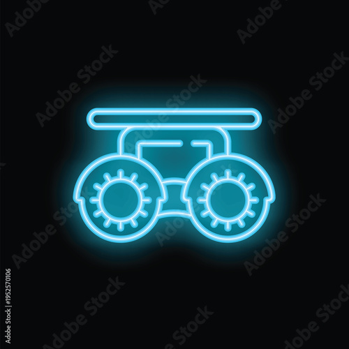 Blue neon icon of a phoropter with correction lenses glowing on a black background