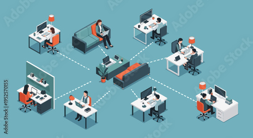 Isometric Illustration of Remote Work Connectivity and Hybrid Office Network for Distributed Teams