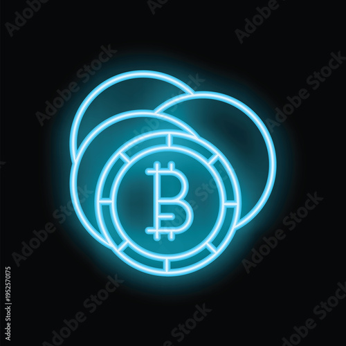 Neon sign depicting the bitcoin cryptocurrency logo, glowing on a dark background