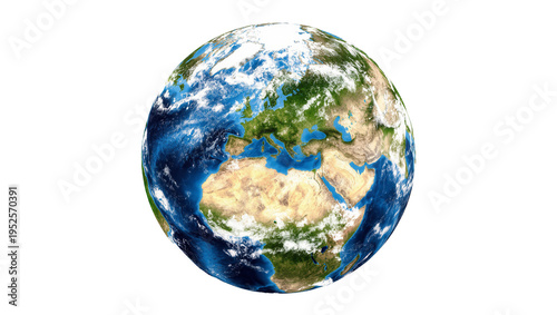 Isolated detailed realistic Earth globe showing continents and oceans, global perspective