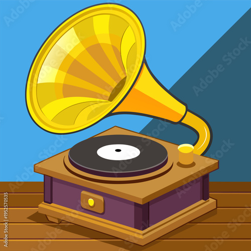 Vintage Record Player with Yellow Horn on Wooden Table