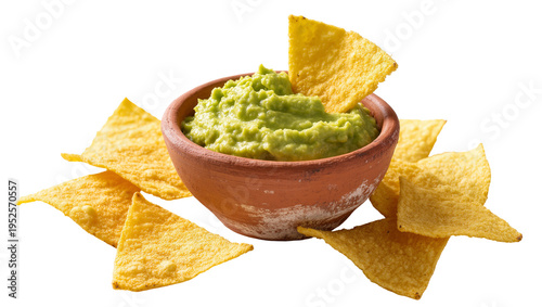 Photos Isolated bowl of creamy green guacamole dip with crunchy yellow tortilla chips f