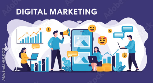 Comprehensive digital marketing concept with diverse professionals using mobile devices and computers for social media ads and data analysis.
