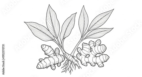 Detailed line art illustration of turmeric plant with rhizomes.
