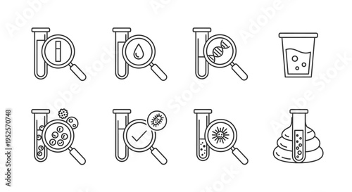 medical lab test and analysis line icons for health diagnostics and scientific research illustrating pathology and clinical studies