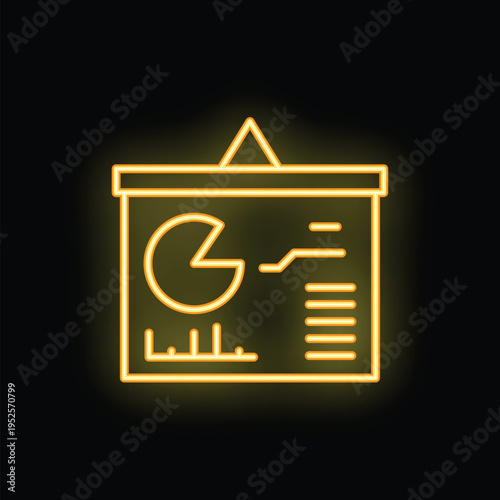 Neon yellow business presentation flipchart icon glowing on black background, concept of business presentation, marketing, office and finance
