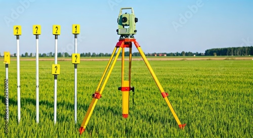 Surveying equipment on a grassy field