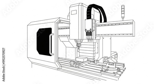 Detailed Line Drawing of an Industrial CNC Machine.