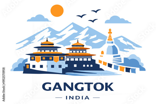 Gangtok Skyline Flat Vector Buddhist Monastery Sikkim Himalaya India Travel Illustration