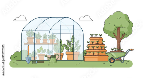 Beautiful greenhouse gardening scene with diverse potted plants inside glass structure alongside wheelbarrow and garden tools in a backyard.