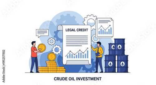 Industrial crude oil investment concept featuring workers moving barrels and gold coins near legal credit document with financial market data.