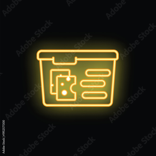 Yellow glowing neon icon of a lunchbox with cheese slices, perfect for designs related to food, snacks, or lunchtime