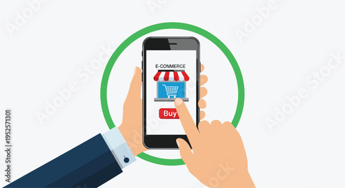 Modern e-commerce and mobile shopping concept with hands holding smartphone displaying online store interface and red buy button for users.