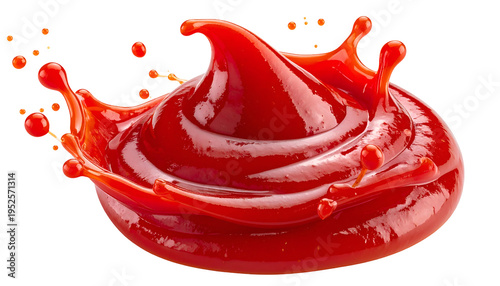 A dynamic splash of bright red, thick condiment on black, with droplets and peaks