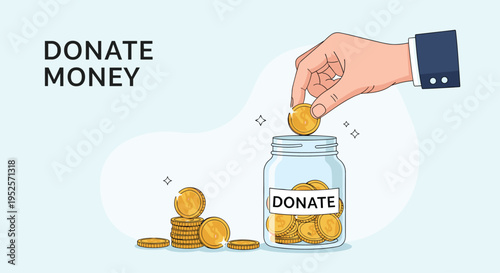 Charitable money donation concept with hand putting gold coin into glass jar alongside stacks of currency for community support and welfare.
