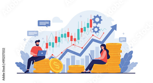 Professional stock market trading and investment concept with people sitting on stacks of gold coins using laptops with rising financial chart.