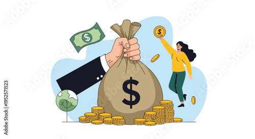 Wealth accumulation and financial success concept with large hand holding money bag surrounded by stacks of gold coins and celebrating person.