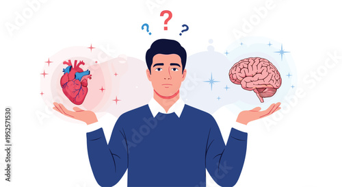 Psychology and rational decision making concept with man balancing human heart and brain in hands representing emotion versus logic choice.