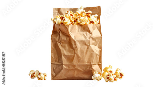 A brown paper bag overflows with popcorn, some spilled. A black background provides contrast