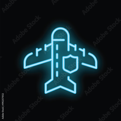 Blue neon icon of an airplane with a shield on its side, representing the concept of travel insurance