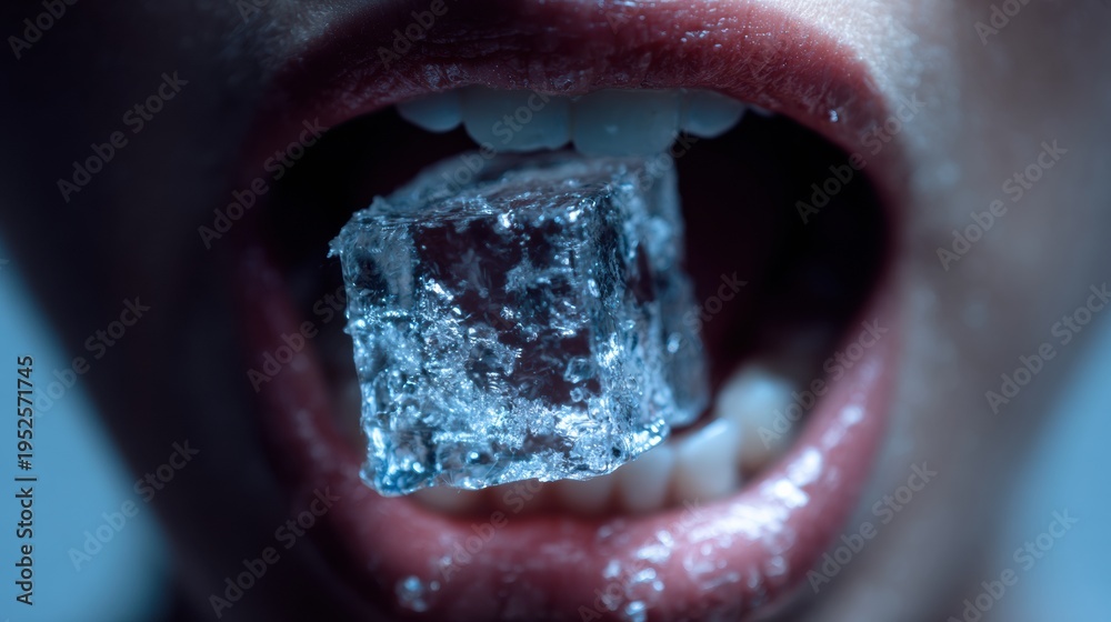Obraz premium Closeup mouth biting ice cube, cinematic blue light, editorial studio portrait focusing on glossy lips, crystal ice texture, visible condensation on skin, dramatic cold contrast and sensual mood