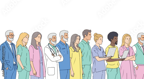 A diverse group of men and women, including healthcare professionals, stands in a row, with some holding laptops, symbolizing a professional workforce.