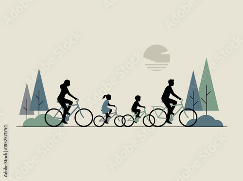An illustration of a happy family enjoying a leisurely bicycle ride together through a peaceful natural landscape, symbolizing unity, health, and outdoor recreation