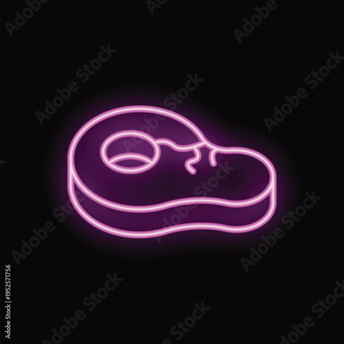 Neon icon of t bone steak glowing in pink light on black background