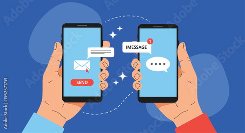 Online communication and mobile messaging concept showing hands holding smartphones exchanging digital chat messages and email icons on blue.