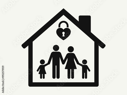 Illustration of a loving family inside a house with a padlock symbol on top, symbolizing protection and security