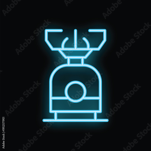 Bright blue neon icon of a camping stove glowing on a dark background, perfect for concepts like camping, hiking and outdoor activities