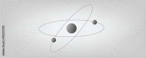 3D illustration of an atom model with a nucleus and two electrons in orbits. 3D model of the structure of the Rutherford atom. Idea, symbol of atomic energy. 3D rendering on white background isolated.