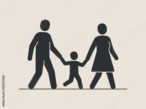 Minimalist graphic illustration depicting a united family of parents and their child walking hand-in-hand, symbolizing togetherness, support, and the journey of life