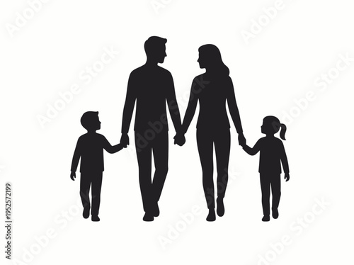 Silhouette of a happy family walking hand-in-hand, representing love, unity, and togetherness in a simple, graphic style