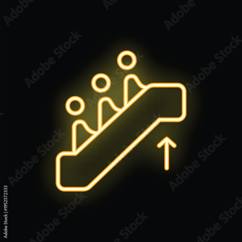 Yellow neon sign of an escalator on a black background, with stick figures riding up