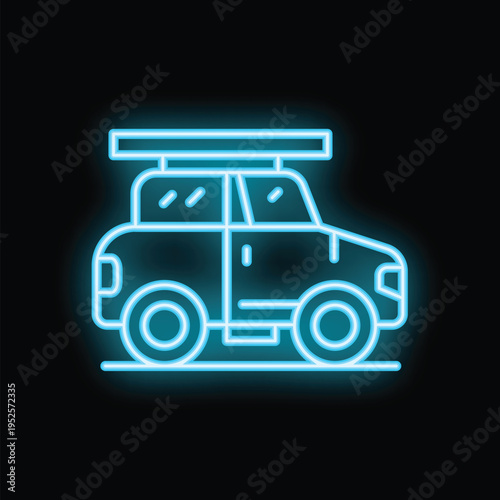 Blue glowing neon line off road car with roof rack icon isolated on black background