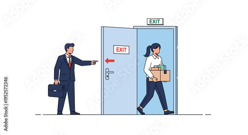Professional businessman firing an employee by pointing a woman carrying her office belongings towards the exit door.