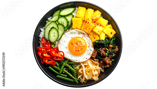 A vibrant bowl featuring rice, veggies, egg, and meat, with a dark background